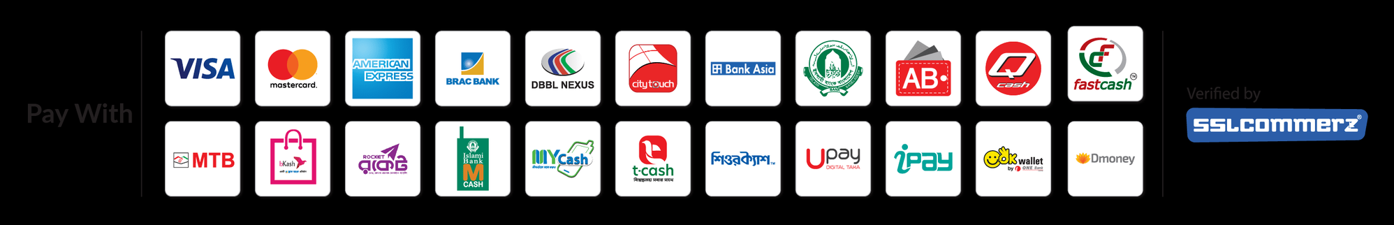 Pay with Visa, Mastercard, American Express, and local Bangladeshi banks and mobile wallets — verified by SSLCommerz